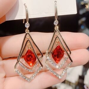 Vintage Long Delicate Red Crystal Sparkling Hook Earrings.